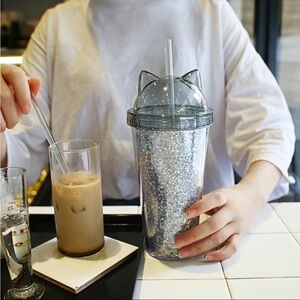 Kawaii Cute Cat Ear Tumbler
Cup Water Bottle W Straw & Lid
Silver Glitter !nside